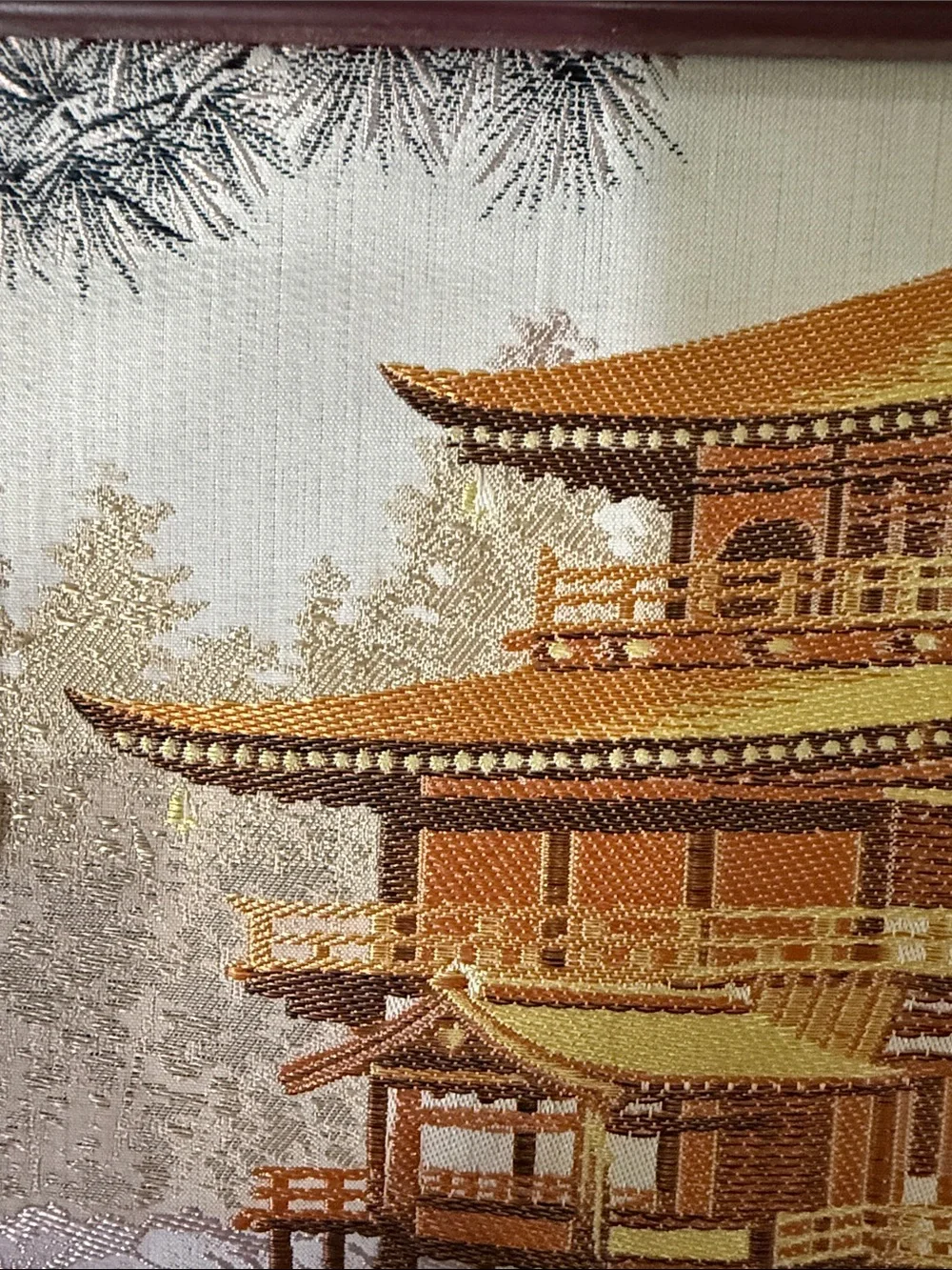 Framed Gold and Brown Pagoda Wall Art - Traditional Asian Temple silk cloth.